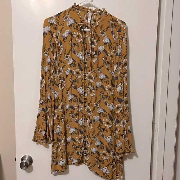 Yellow and Floral Button Down Dress with Flare Sleeves - Picture 1 of 4